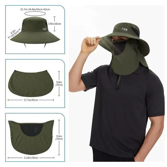 Alt view image 4 of 7 - UPF 50+ Breathable Sun Hat with Removable Face Cover and Neck Flap Wide Brim Bucket Hat for Fishing Hiking Men Women Army Green