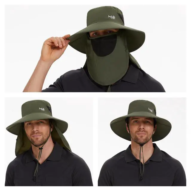 Alt view image 5 of 7 - UPF 50+ Breathable Sun Hat with Removable Face Cover and Neck Flap Wide Brim Bucket Hat for Fishing Hiking Men Women Army Green