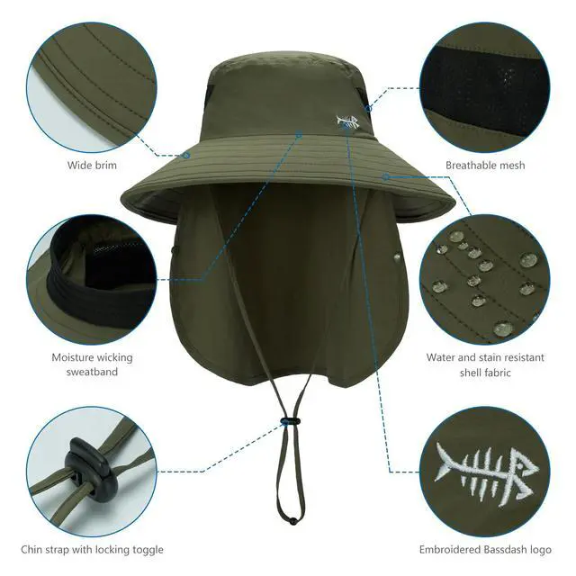 Alt view image 6 of 7 - UPF 50+ Breathable Sun Hat with Removable Face Cover and Neck Flap Wide Brim Bucket Hat for Fishing Hiking Men Women Army Green