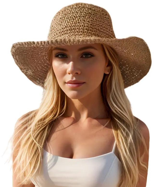 Main image of Womens Sun Hats Wide Brim Summer Handmade Crochet Straw Beach Hat for Women woven straw bucket hat, Foldable Travel Fedora, Handmade Crochet Straw Hat, Packable, UPF50, Khaki Hat, women's hats & caps
