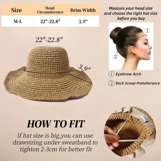 Alt view image 2 of 7 - Womens Sun Hats Wide Brim Summer Handmade Crochet Straw Beach Hat for Women woven straw bucket hat, Foldable Travel Fedora, Handmade Crochet Straw Hat, Packable, UPF50, Khaki Hat, women's hats & caps