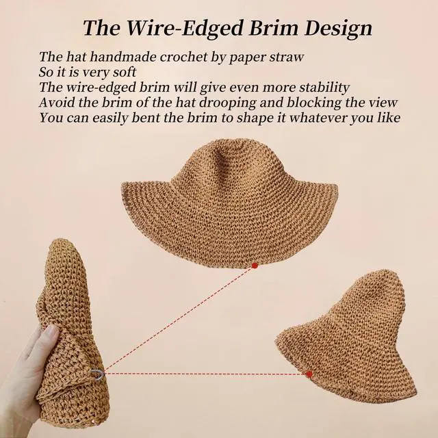 Alt view image 5 of 7 - Womens Sun Hats Wide Brim Summer Handmade Crochet Straw Beach Hat for Women woven straw bucket hat, Foldable Travel Fedora, Handmade Crochet Straw Hat, Packable, UPF50, Khaki Hat, women's hats & caps