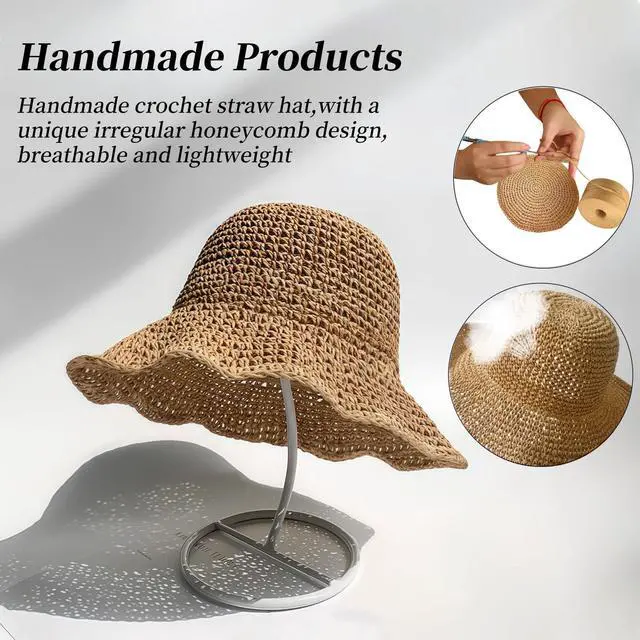 Alt view image 4 of 7 - Womens Sun Hats Wide Brim Summer Handmade Crochet Straw Beach Hat for Women woven straw bucket hat, Foldable Travel Fedora, Handmade Crochet Straw Hat, Packable, UPF50, Khaki Hat, women's hats & caps