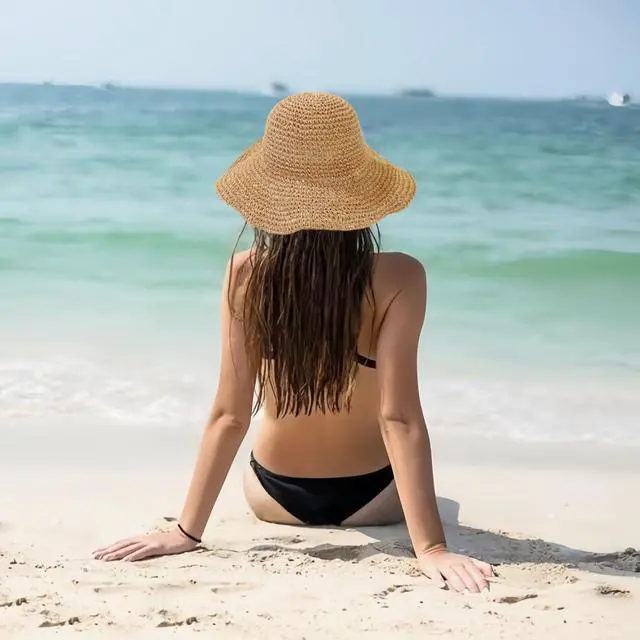 Alt view image 7 of 7 - Womens Sun Hats Wide Brim Summer Handmade Crochet Straw Beach Hat for Women woven straw bucket hat, Foldable Travel Fedora, Handmade Crochet Straw Hat, Packable, UPF50, Khaki Hat, women's hats & caps