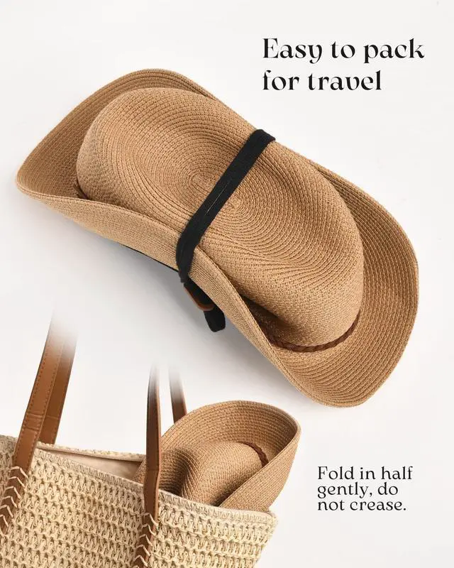 Alt view image 3 of 7 - Sun Hats for Women Summer Wide Brim UV UPF 80+ Panama Fedora Foldable Packable Straw Beach Hat Khaki | Packable for Travel, Braided Strap Decor, Adjustable Chin Cord, Breathable Sweatband