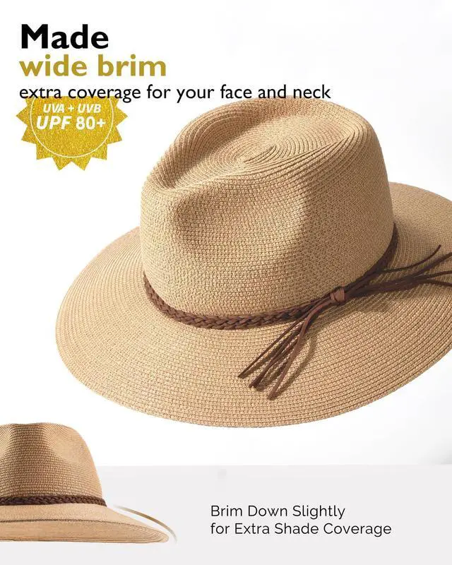 Alt view image 2 of 7 - Sun Hats for Women Summer Wide Brim UV UPF 80+ Panama Fedora Foldable Packable Straw Beach Hat Khaki | Packable for Travel, Braided Strap Decor, Adjustable Chin Cord, Breathable Sweatband