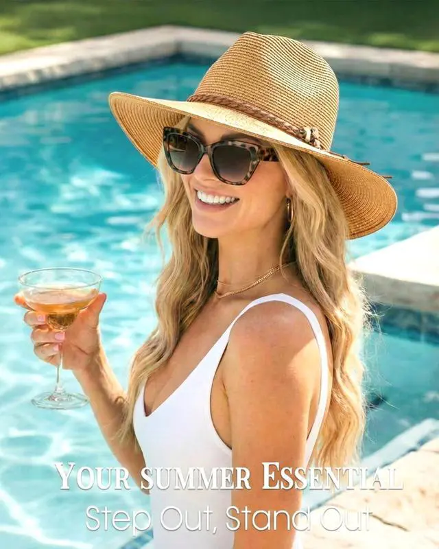 Alt view image 4 of 7 - Sun Hats for Women Summer Wide Brim UV UPF 80+ Panama Fedora Foldable Packable Straw Beach Hat Khaki | Packable for Travel, Braided Strap Decor, Adjustable Chin Cord, Breathable Sweatband