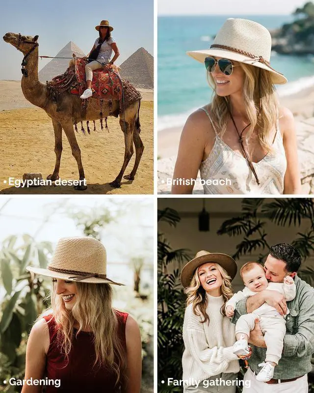 Alt view image 5 of 7 - Sun Hats for Women Summer Wide Brim UV UPF 80+ Panama Fedora Foldable Packable Straw Beach Hat Khaki | Packable for Travel, Braided Strap Decor, Adjustable Chin Cord, Breathable Sweatband