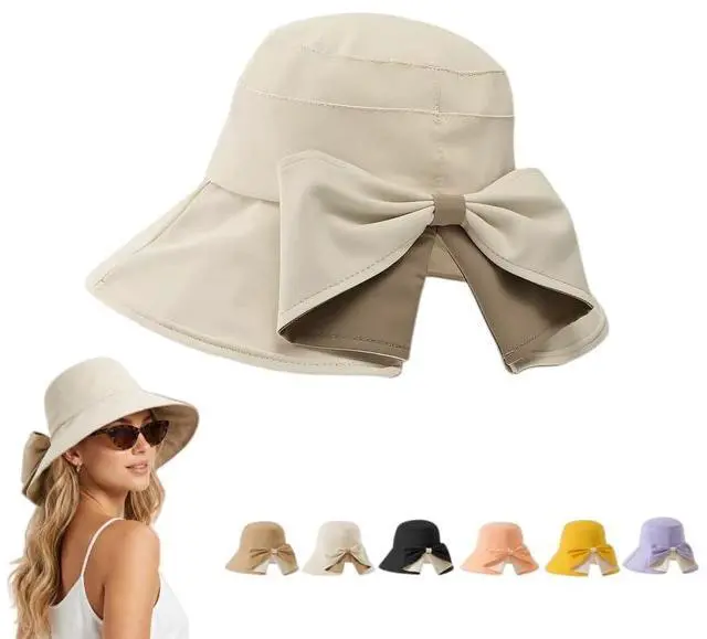 Main image of Women's Bowknot Wide Brim Sun Hat Foldable, 360° Protection UV Protection Breathable Summer Travel Beach Hat (US, Alpha, One Size, Beige)