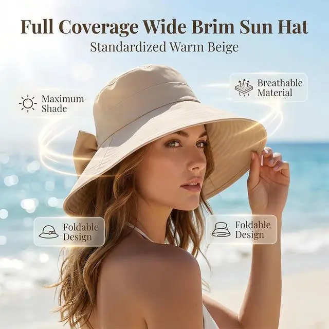 Alt view image 2 of 7 - Women's Bowknot Wide Brim Sun Hat Foldable, 360° Protection UV Protection Breathable Summer Travel Beach Hat (US, Alpha, One Size, Beige)