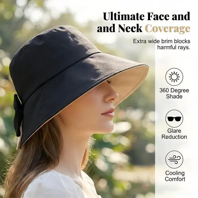Alt view image 3 of 7 - Women's Bowknot Wide Brim Sun Hat Foldable, 360° Protection UV Protection Breathable Summer Travel Beach Hat (US, Alpha, One Size, Beige)