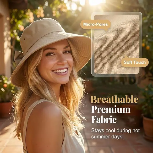 Alt view image 4 of 7 - Women's Bowknot Wide Brim Sun Hat Foldable, 360° Protection UV Protection Breathable Summer Travel Beach Hat (US, Alpha, One Size, Beige)