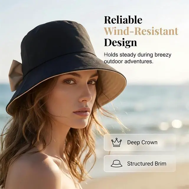 Alt view image 5 of 7 - Women's Bowknot Wide Brim Sun Hat Foldable, 360° Protection UV Protection Breathable Summer Travel Beach Hat (US, Alpha, One Size, Beige)