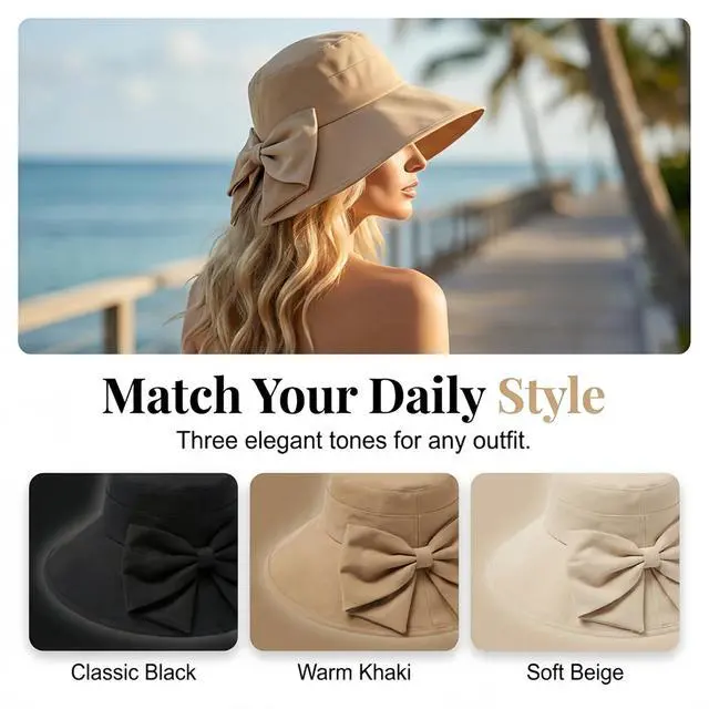 Alt view image 6 of 7 - Women's Bowknot Wide Brim Sun Hat Foldable, 360° Protection UV Protection Breathable Summer Travel Beach Hat (US, Alpha, One Size, Beige)