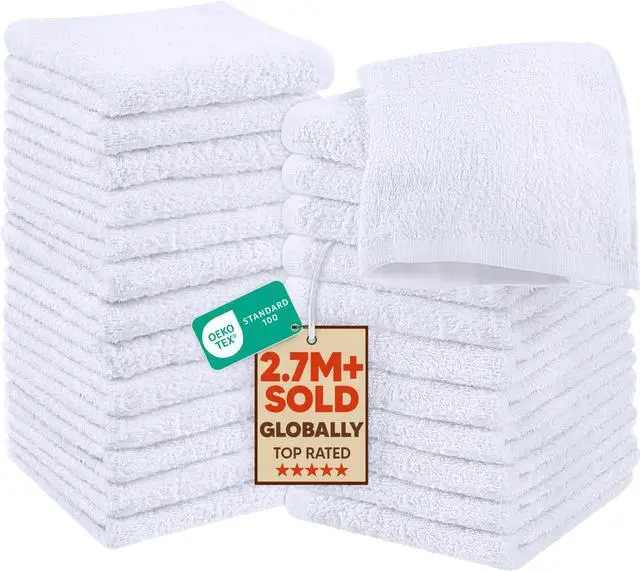 Main image of 24 Pack Cotton Washcloths Set, 100% Ring Spun Cotton, Premium Quality Flannel Face Cloths, Highly Absorbent and Soft Feel Fingertip Towels, White | Premium 100% Ring Spun Cotton Face Cloths