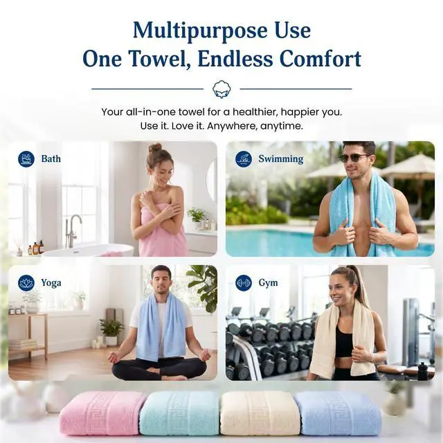 Alt view image 6 of 7 - *S 100% Cotton Bath Towels,4 Pack,30" x 60" Inches, Light Weight, Soft, Super Absorbent and Fast Drying, No Fading Multipurpose Use for Sports, Swimming, Travel, Fitness, Yoga, Multicolor.