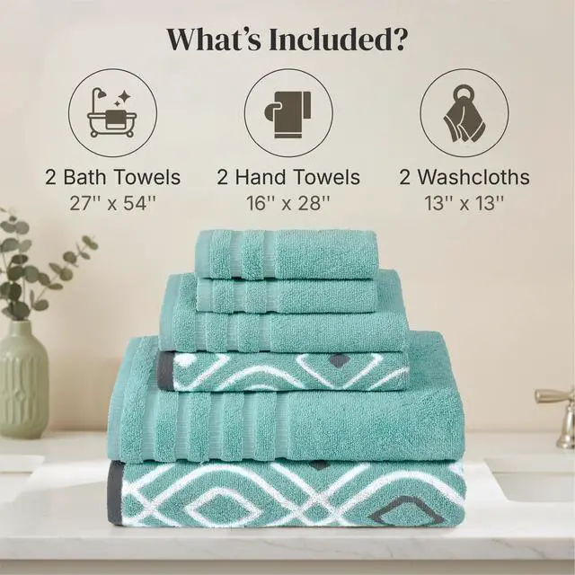 Alt view image 3 of 7 - 6 Piece Bath Towel Set Bathroom Set with 2 Bath Towels, 2 Hand Towels, and 2 Wash Cloths 100% Cotton, Super Absorbent & Extra Soft Reversible Classic Diamond (Aqua)
