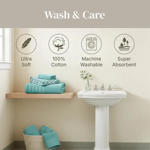 Alt view image 7 of 7 - 6 Piece Bath Towel Set Bathroom Set with 2 Bath Towels, 2 Hand Towels, and 2 Wash Cloths 100% Cotton, Super Absorbent & Extra Soft Reversible Classic Diamond (Aqua)