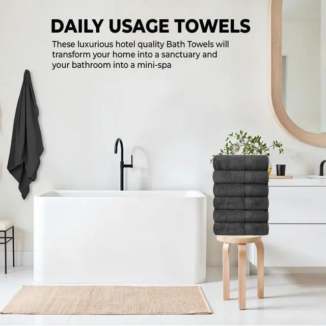 Alt view image 5 of 7 - Hotel & Spa 100% Cotton Bath Towels Pack of 6, Ultra Soft, Quick Dry, Lightweight, Highly Absorbent, Perfect for Face, Hands, Spa, Gym, Hotel, Resort & Daily Use - Grey (24" x 48")