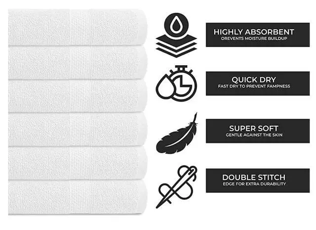 Alt view image 4 of 4 - 100% Cotton Bath Towel Set, White 24x48 Pack of 6 Towels, Quick Dry, Highly Absorbent, Soft Feel Towel, Gym, Spa, Bathroom, Shower, Pool, Luxury Soft Towels Light-Weight