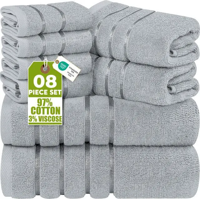 Main image of 8 Piece Luxury Towel Set, 600 GSM, Viscose Stripe, Cool Grey | 600 GSM Ring Spun Cotton Towels with Viscose Stripe Design - Highly Absorbent, Soft & Plush, Ideal for Everyday Use