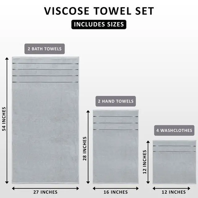 Alt view image 2 of 7 - 8 Piece Luxury Towel Set, 600 GSM, Viscose Stripe, Cool Grey | 600 GSM Ring Spun Cotton Towels with Viscose Stripe Design - Highly Absorbent, Soft & Plush, Ideal for Everyday Use