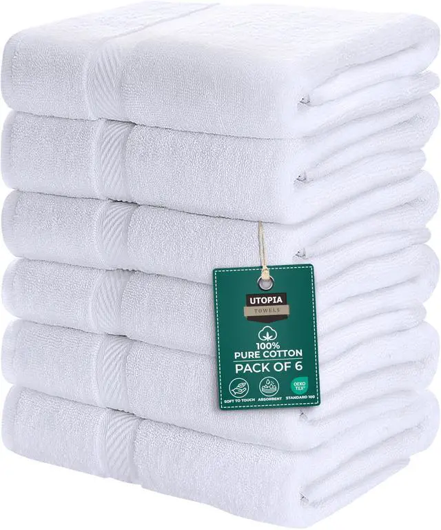 Main image of 6 Pack Medium Bath Towel Set, 500 GSM 100% Ring Spun Cotton, Lightweight and Highly Absorbent Quick Drying Premium Towels for Hotel, Spa and Bathroom, White