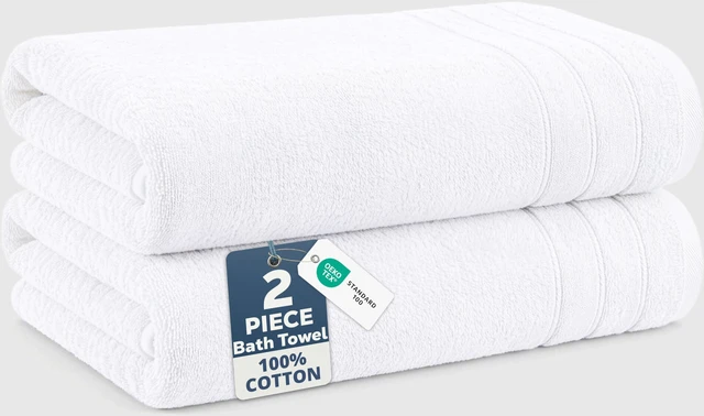Main image of Bath Towels 100% Cotton 2 Piece Soft Absorbent - White | Bath Towel Set, Soft & Durable, Ring-Spun, Ideal for Spa & Home, with OEKO-TEX