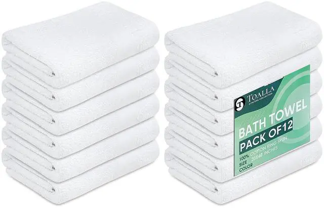 Main image of 12 Pack White 100% Cotton Bath Towels, 20x40 Inches, Lightweight, Quick Drying, Commercial Grade, Gym, Salon, Spa & Hair