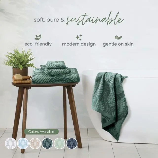Alt view image 2 of 7 - Restore Fern Ogee Bath Towel Soft, Absorbent, Moisture-Wicking and Quick to Dry Lightweight for Everyday Use Comfortable Feel with Convenient Loop for Hanging 30" x 56" Jade