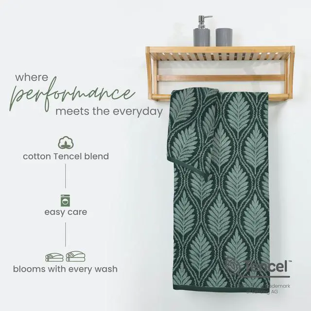 Alt view image 4 of 7 - Restore Fern Ogee Bath Towel Soft, Absorbent, Moisture-Wicking and Quick to Dry Lightweight for Everyday Use Comfortable Feel with Convenient Loop for Hanging 30" x 56" Jade