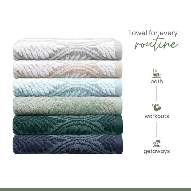 Alt view image 7 of 7 - Restore Fern Ogee Bath Towel Soft, Absorbent, Moisture-Wicking and Quick to Dry Lightweight for Everyday Use Comfortable Feel with Convenient Loop for Hanging 30" x 56" Jade