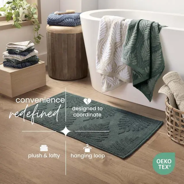 Alt view image 6 of 7 - Restore Fern Ogee Bath Towel Soft, Absorbent, Moisture-Wicking and Quick to Dry Lightweight for Everyday Use Comfortable Feel with Convenient Loop for Hanging 30" x 56" Jade