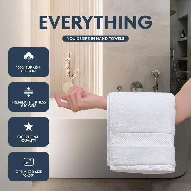 Alt view image 2 of 6 - Luxury White Hand Towels - Soft 100% Turkish Cotton | Highly Absorbent Hotel spa Bathroom Towel Collection | 16x30 Inch | Set of 6