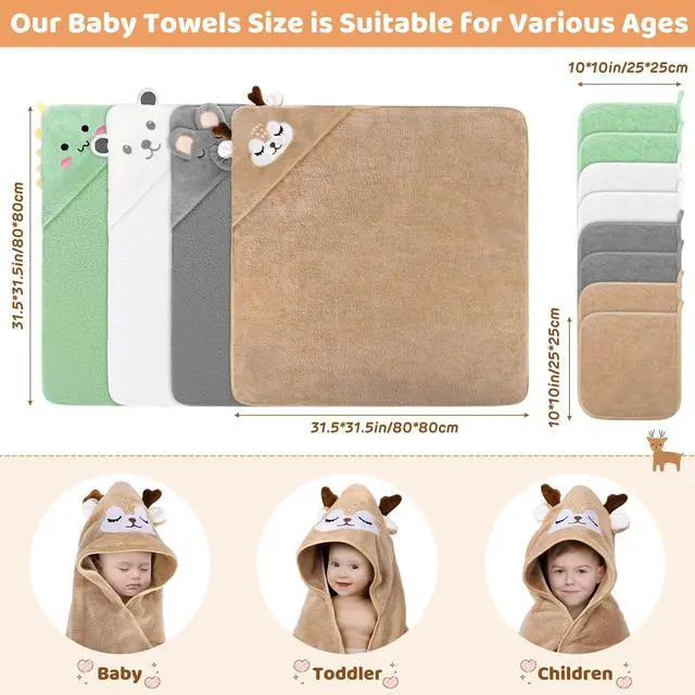 Alt view image 2 of 7 - 12 PCS Baby Bath Towels Set for Infants Toddlers Essentials | 4 PCS Baby Towels & 8 PCS Washcloths Set, Cute Animal Hooded, Ultra Absorbent & Soft, Newborn Shower Gifts for Boys & Girls
