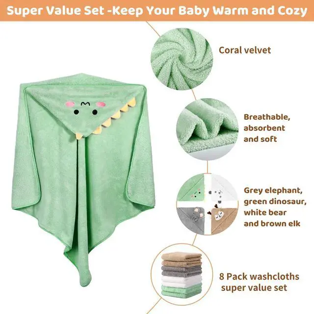 Alt view image 4 of 7 - 12 PCS Baby Bath Towels Set for Infants Toddlers Essentials | 4 PCS Baby Towels & 8 PCS Washcloths Set, Cute Animal Hooded, Ultra Absorbent & Soft, Newborn Shower Gifts for Boys & Girls