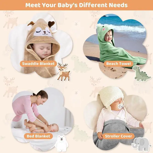 Alt view image 7 of 7 - 12 PCS Baby Bath Towels Set for Infants Toddlers Essentials | 4 PCS Baby Towels & 8 PCS Washcloths Set, Cute Animal Hooded, Ultra Absorbent & Soft, Newborn Shower Gifts for Boys & Girls