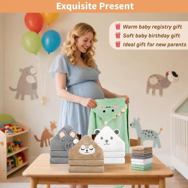 Alt view image 5 of 7 - 12 PCS Baby Bath Towels Set for Infants Toddlers Essentials | 4 PCS Baby Towels & 8 PCS Washcloths Set, Cute Animal Hooded, Ultra Absorbent & Soft, Newborn Shower Gifts for Boys & Girls