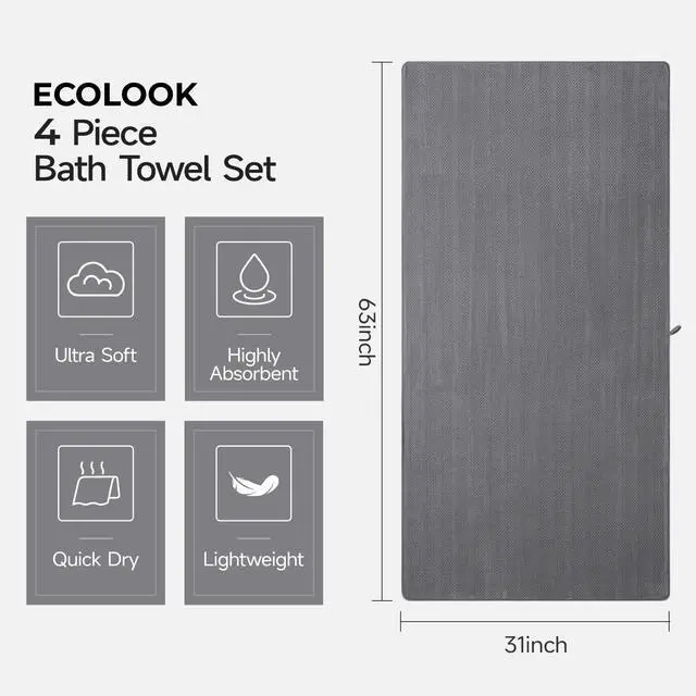 Alt view image 3 of 7 - Microfiber Bath Towels Set of 4, 31 x 63 Inch Extra Large Bath Towel Set, Super Soft & Highly Absorbent, Quick Dry Lightweight Towels for Bathroom, Gym, Spa, Pool & Travel, Gray