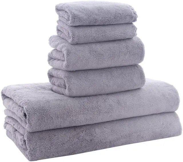 Main image of Ultra Soft Towel Set - Quick Drying - 2 Bath Towels 2 Hand Towels 2 Washcloths - Microfiber Coral Velvet Highly Absorbent Towel for Fitness, Bathroom, Sports, Yoga, Travel-Grey 6 Pcs