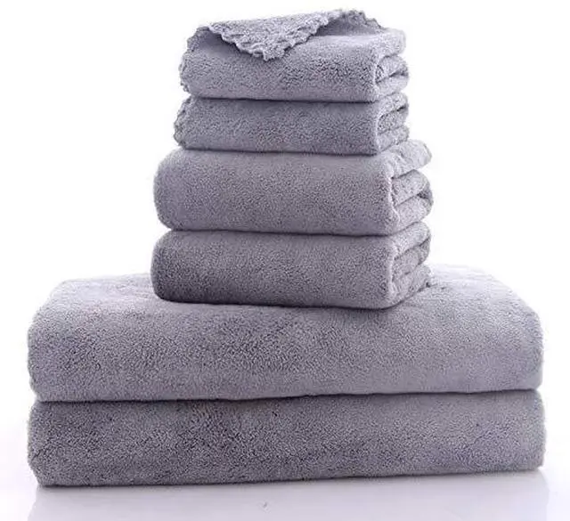 Alt view image 6 of 7 - Ultra Soft Towel Set - Quick Drying - 2 Bath Towels 2 Hand Towels 2 Washcloths - Microfiber Coral Velvet Highly Absorbent Towel for Fitness, Bathroom, Sports, Yoga, Travel-Grey 6 Pcs