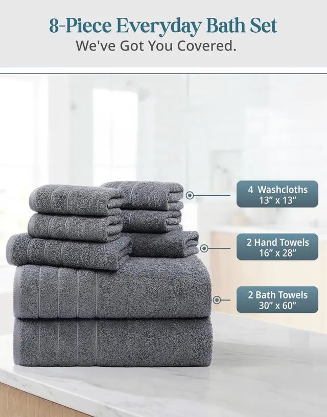 Alt view image 4 of 7 - Towel Set Soft Absorbent Quick Dry 100% Cotton - Cool Grey | Bathroom Towel Set, Soft & Durable, Ring-Spun, Ideal for Spa & Home, with OEKO-TEX