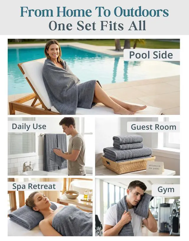 Alt view image 7 of 7 - Towel Set Soft Absorbent Quick Dry 100% Cotton - Cool Grey | Bathroom Towel Set, Soft & Durable, Ring-Spun, Ideal for Spa & Home, with OEKO-TEX