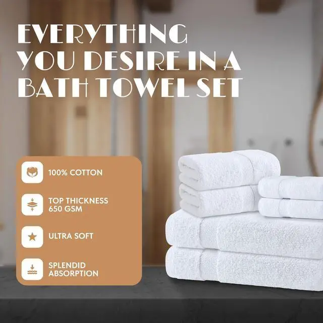 Alt view image 2 of 7 - White Bath Towel Set of 6 - 100% Cotton Highly Absorbent Towels for Bathroom, 2 Luxury Bath Towels 650GSM, 2 Hand Towels, 2 Washcloths