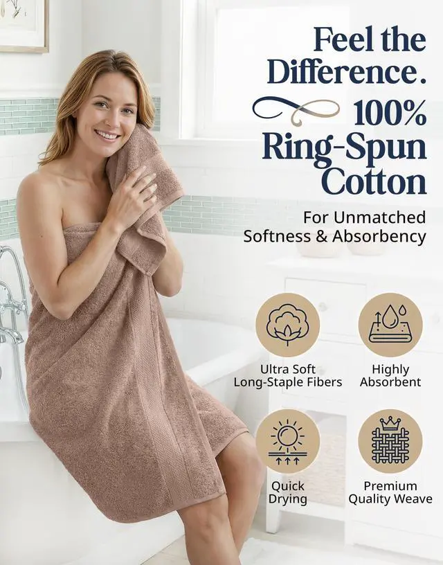 Alt view image 2 of 7 - Bath Towel Set Quick Dry 100% Cotton 6 Piece Soft - Taupe | Towels for the Bath, Absorbent & Durable, Ring-Spun, Ideal for Home & Spa, with OEKO-TEX