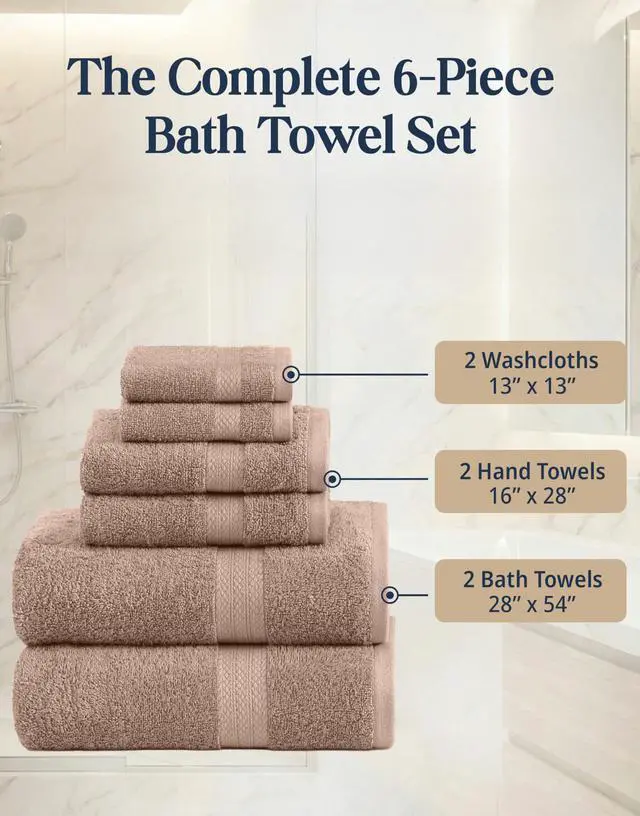 Alt view image 4 of 7 - Bath Towel Set Quick Dry 100% Cotton 6 Piece Soft - Taupe | Towels for the Bath, Absorbent & Durable, Ring-Spun, Ideal for Home & Spa, with OEKO-TEX