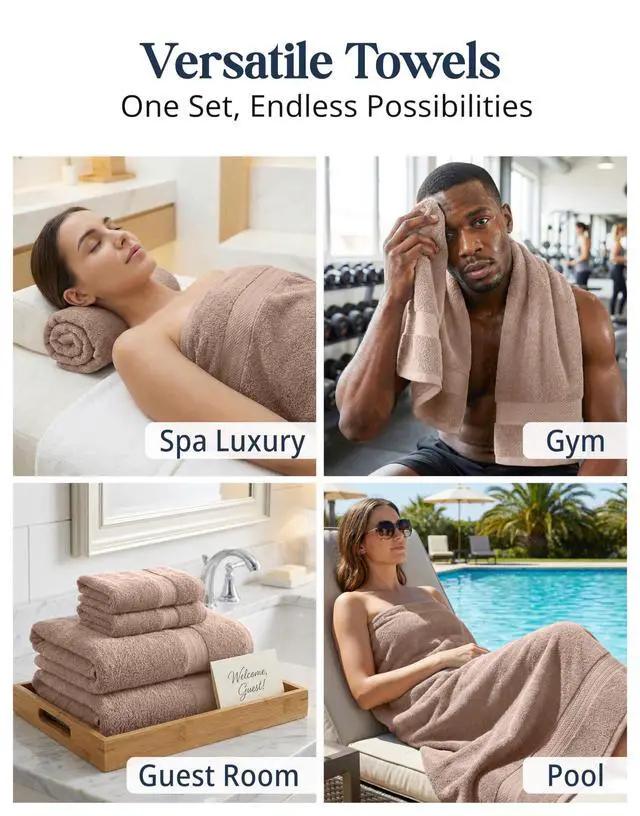 Alt view image 7 of 7 - Bath Towel Set Quick Dry 100% Cotton 6 Piece Soft - Taupe | Towels for the Bath, Absorbent & Durable, Ring-Spun, Ideal for Home & Spa, with OEKO-TEX