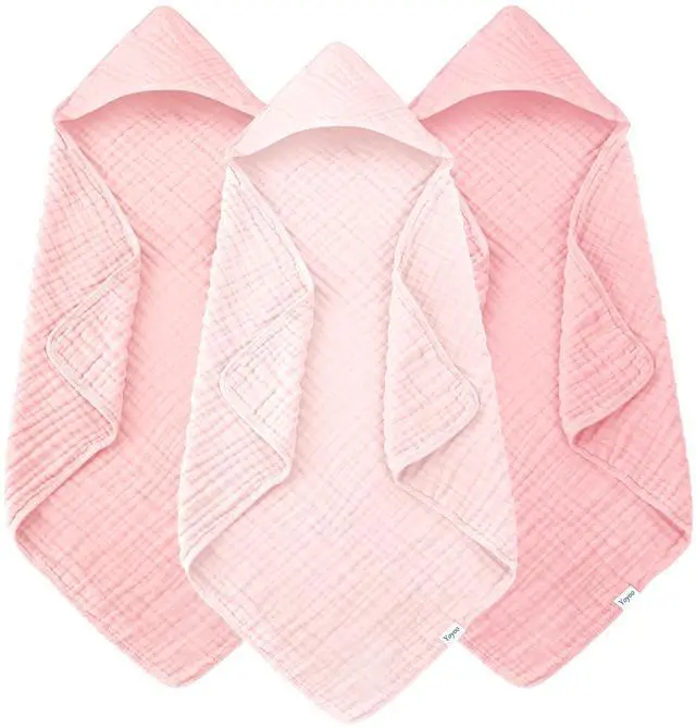 Main image of Muslin Hooded Baby Bath Towels - 3 Pack 100% Cotton Ultra-Soft Towels for Newborns, Infants, Toddlers - 32x32 Inch - Highly Absorbent, Quick-Dry Essentials for Bath Time, Beach, Pool, Pink Series