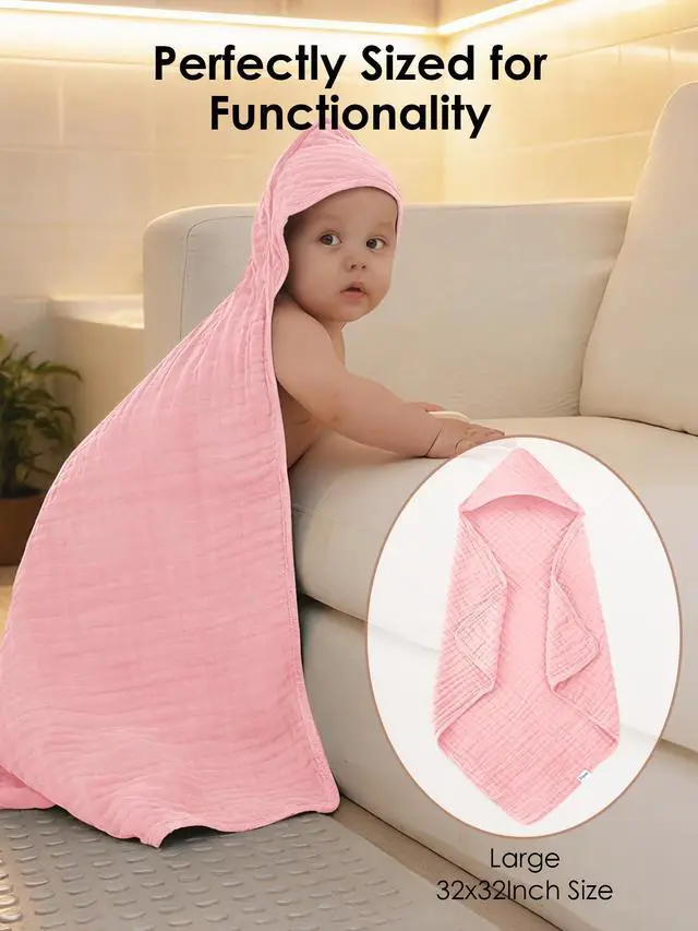 Alt view image 2 of 7 - Muslin Hooded Baby Bath Towels - 3 Pack 100% Cotton Ultra-Soft Towels for Newborns, Infants, Toddlers - 32x32 Inch - Highly Absorbent, Quick-Dry Essentials for Bath Time, Beach, Pool, Pink Series
