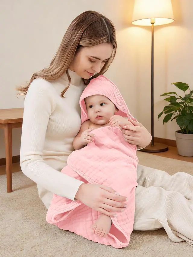 Alt view image 3 of 7 - Muslin Hooded Baby Bath Towels - 3 Pack 100% Cotton Ultra-Soft Towels for Newborns, Infants, Toddlers - 32x32 Inch - Highly Absorbent, Quick-Dry Essentials for Bath Time, Beach, Pool, Pink Series